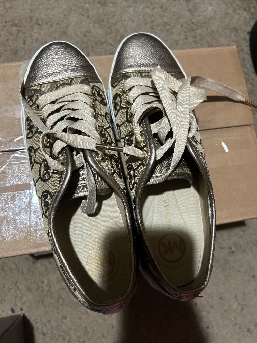 MICHAEL KORS Beige Canvas Sneakers with Gold Metallic Toe